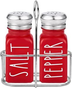 Red Salt and Pepper Shakers Set with Holder by Brighter Barns - Dining Table Decor, Modern Farmhouse Kitchen Decor - Christmas Salt and Pepper Shakers with Caddy for Restaurant, RV, Airbnb, Gift (Red)
