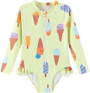 LIZENS Girls' One-Piece Swimwear Rash Guard Swimsuit Zipper Bathing Suits Long Sleeve Ruffle Girl Full Cover Flower Print (LG20G09,4-5T)