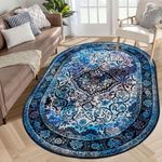 Boho Area Rug 4'x6', Washable Oval Rug Distressed Soft Bohemian Rug Throw Rug Nursery Carpet Floor Mat Blue Living Room Rugs for Bedroom Bathroom Kitchen Entryway Dorm Dining Room Home Decor