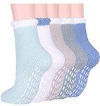 Fluffy Slipper Socks for Women and Girls, 5 Pairs Warm Cosy Bed Fuzzy Socks with Grips, Winter Thermal Non Slip Grip Socks for Causal Home Sleeping