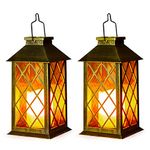 Solar Lanterns Lamp, OxyLED 2 Pack LED Solar Lights Outdoor Hanging Lanterns Solar Powered with Handle, Waterproof Flickering Flameless Candle Mission Lights for Table Garden Patio Pathway Decor