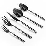 Oval Black 20-Piece Forged Silverware Set Stainless Steel Flatware Set Service for 4 Mirror Black Polished Cutlery Set Dishwasher Safe(Style 2)