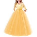 Little Big Girls Lace 3/4 Sleeve Dress Wedding Bridesmaid Holy Communion Evening Party Long Maxi Dresses Baby Child Princess Pageant Birthday Prom Carnival Christmas Ball Gown Yellow 7-8 Years