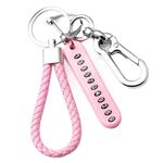 GEOCARTER Keychain Anti Lost Car Graided Genuine Leather Keychain with Phone Number Pendant | Universal Keyring Metal Buckle Keychain | Stylish Pink Color Silver Steel Keyring/Pendant Combo| Pack of 1