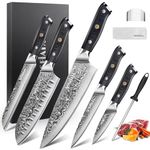 MOSFiATA Damascus Chef Knife Set 5PCS-Professional Sharp High Carbon VG10 Stainless Steel Chef's Knives Santoku Knife Bread Knife Utility Knife Fruit Knife with Finger Guard, Knife Sharpener Rod Gift