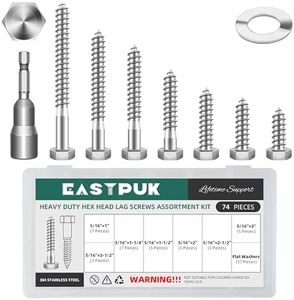 EASTPUK 74Pcs 5/16" Hex Head Lag Bolts Screws Assortment Kit, Heavy Duty Lag Screws with Washers, 304 Stainless Steel 18-8, 5/16 Bolt for Wood, Bright Finish