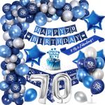 70th Birthday Party Decorations Men,Royal Blue Balloon Arch Kit with Happy Birthday Banner,Cake Topper,Tablecloth,Foil Confetti Balloon,Large Number 70 Balloon,Chrome Blue Silver Balloons