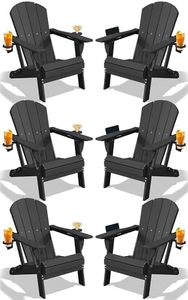 PLUUV Folding Adirondack Chair Set of 6, Easy Storage Space Saving, 380 LBS Capacity Weather Resistant HDPE with Two-Cup Holder for Outdoor Patio Fire Pit Gathering, Black