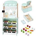 Mamabrum Wooden Pretend Grocery Store, Large Wooden Market Stall Reversible Pretend Wooden Shop and Theatre 2 in 1, Accessories Included: Scale, Payment Terminal, Fruit and Vegetables