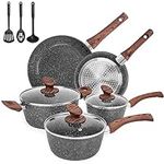 Pots and Pans Set, Pre-Installed Nonstick Granite Pots and Pans, 11 Piece Die-Casting Cookware Sets with Frying Pan, Sauce Pan, Cooking Pot, Kitchen Utensils, Gas/Induction Compatible, 100% PFOA Free