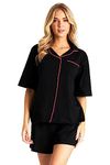 CityComfort Womens Pyjamas Summer Nightwear 2 Piece 100% Cotton Button Down Short PJs for Women Sets Soft Breathable Lounge Wear Cute Pyjamas Sizes S-XL Short Sleeve Sleepwear (Black, L)