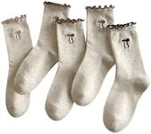 GORGLITTER Women's Ruffle Bow Socks 4 Pairs Cute Knitted Crew Socks Soft Breathable Soft Fabric Frilly Ankle Socks Beige 39-42