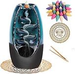 Ceramic Waterfall Backflow Incense Burner Incenser Holder Home Decor Aromatherapy Ornament+ 100 Cone Incense Free (Bule)