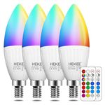 HEKEE E12 LED Candelabra Light Bulbs, Color Changing Candle, B11 40W Incandescent Equivalent, 450 Lumen, RGB + 2700K Warm White, 5Watt, 12 Colors, 2 Modes, Timer, Remote Control(4 Pack)