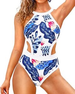 Holipick Women One Piece High Neck Floral Printed Cut Out Backless Bathing Suits Swimsuit Blue Medium