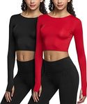 ATHLIO Women's Sports Compression Shirt, Cool Dry Fit Long Sleeve Workout Tops, Athletic Exercise Gym Yoga Shirts, Thumb Hole Crop 2pack qo- BFD20-KRD_Medium