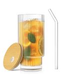 KiKiluxxa Ribbed Drinking Glasses Tumbler Set of 1 Wooden Lids and Straws -Clear Fluted Textured Vertical Stripe Glass Sipper Iced Coffee Cups for Beer-Cocktail-Beverage (Sodinaro Tumbler 1)