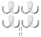 Double Prong Coat Hook Robe Hooks Dual Coat Hooks Wall Mounted Hanging Clothes Metal Door Hooks for Bathroom Bedrooms Hanging Clothes Robe Towel Kitchen (Sliver) - 4PCS