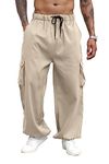 YawYews Men's Cargo Pants Elastic Waist Flap Pockets Parachute Pants Hip Hop Baggy Harem Pants, Beige, X-Large