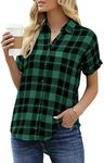 Veatzaer Women's Plaid Short Sleeve Button Down Shirt Casual Summer Blouses Tops Green