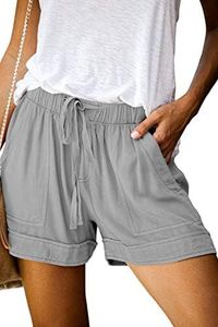 KISSMODA Womens Summer Comfy Casual Elastic Waist Pocketed Beach Shorts Solid Gray L