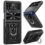 Caka for Z Flip 3 Case, Galaxy Z Flip 3 Case with Hinge Protection, Camera Cover & Kickstand with Built-in 360°Rotate Ring Stand Magnetic Protective Phone Case for Samsung Z Flip 3 -Black