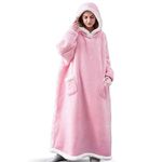 IvyH Hoodie Blanket, Long Wearable Blanket with Pockets Fluffy Flannel Sherpa TV Blanket Sweatshirt Winter Robe One Size Fits Men Women Adult(Pink)