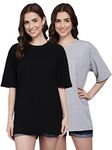 FUNDAY FASHION Cotton Half Sleeve Printed Oversized T-Shirt for Womens/Girls (Pack of 2) (Small, Black & Grey)