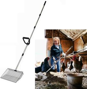 TAFALAA 15 Inch Large Chicken coop Scoop with Ergonomic Grip Adjustable Long Handle (24-64") Chicken Poop Scooper Sifting Shovel rake Stainless Steel Metal coop Scoop (L/15 INCH)