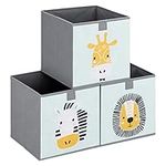 Navaris Kids Storage Cubes (Set of 3) - Storage Boxes 11x11x11" with Animal Designs - Children's Cube Bins Fabric Organizer Bin - Mint Green