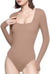 PUMIEY Body Suits for Women Long Sleeve T Shirt Tops Slim Fit Sexy Square Neck Body Suits, Taffy X-Small