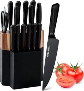 Kitchen Knife Set, 15 Pieces Knife Set with 6 Steak Knife, Knife Block Set with Sharpener, High Carbon German Stainless Steel Chef Knife with Wooden Block Bread Knife Boxed