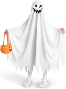 Costume de Fantôme Halloween Enfant, Blanc Déguisement Fantôme, Costume Amical pour Enfant avec Sac Citrouille, Halloween Des Bonbons ou un Sort (Blanc)