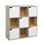 Meerveil 9 Cube Storage Unit, 3-Tier Bookcase with 5 Doors, Wooden Bookshelf Display Organiser Cabinet for Living Room, Bedroom, Home Office, 90 x 30 x 90 cm, Oak and White