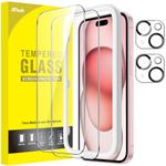 JETech Screen Protector for iPhone 15 6.1-Inch with Camera Lens Protector, Easy Installation Tool, Tempered Glass Film, HD Clear, 2-Pack Each