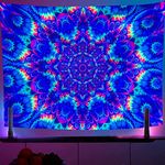 OSVINO Blacklight Mandala Tapestry Glow In The Dark Psychedelic Boho Tapestry Colorful Backdrop Bohemian Room Decor UV Reactive Hippie Wall Posters for Bedroom, Mandala, 79"x59"