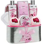 LOVERY Christmas Gifts - Bath And Body Gift Basket For Women – Cherry Blossom Home Spa Set With Fragrant Lotions, 2 Extra Large Bath Bombs, Mirror And Silver Reusable Travel Cosmetics Bag