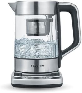 SEVERIN Tea Maker with Auto Lift Function, Kettle with Temperature Setting and Quick Boil Function, Glass Kettle for up to 1.7 L of Water or 1 L of Tea, Brushed Stainless Steel/Black, WK 3422