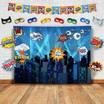 Superhero Cityscape Photography Backdrop, Studio Props, Flags and Mask DIY Kit. Great as Super Hero City Photo Booth Background - Birthday Party and Event Decorations