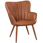 Yaheetech Modern Tub Chair, PU Leather Living Room Armchair, Side Vanity Chair with Curved High Back and Thick Soft Padded Seat for Bedroom Makeup Reading Nook, Retro Brown