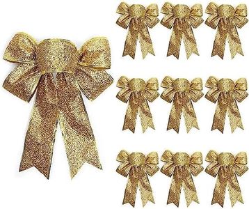 Bright Creations 10 Pack Gold Glitter Wreath Bows for Christmas Outdoor Decor, Organza Twist Tie Ribbons for Crafts, Xmas Gift Wrapping, Gold Bows Holiday Present Decorations Crafts, 7x9 in