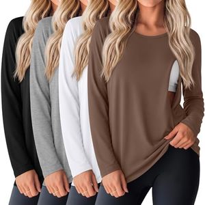 4 Pack Women's Cotton Nursing Tops, Breastfeeding Maternity with Hidden Zippers Crew Neck Long Sleeve Pregnancy Shirts(Brown, White, Gray, Black,Large)