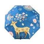 Portable Folding Automatic Umbrella Telescopic Lightweight Compact Travel Sun Umbrellas Parasol Windproof, Rainproof & 99% UV Protection with Black Anti-UV Coating, UPF 50+ (elk)