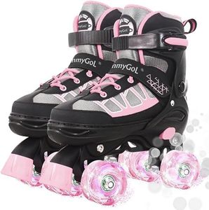MammyGol Roller Skates for Kids Boys Girls, Adjustable Quad Skates with Light Up Wheels for Toddler Big Kids Ages 6-12 Size 3 4 5 6, Beginners Outdoor Sports, Pink