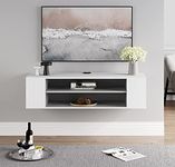 FITUEYES Floating TV Stand Shelf for TVs up to 43" TV,Wall Mounted Entertainment Center Cabinet Component Media Console Hutch with Storage for Audio/Video in Living Room,White Body&Grey Inside