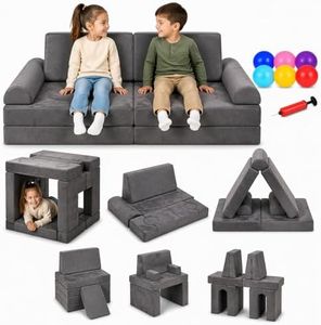 COMFYRA 10 PCS Modular Kids Play Couch with 6 Inflatable Balls – Convertible Foam and Floor Cushion Sofa for Boys and Girls, Perfect Play Couch for Toddlers, Playrooms or Bedrooms (Grey)