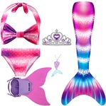 Rainbow Swimmable Mermaid Tail Bikini Sets with Monofin Swimware Girls Kids Cospaly Gift, Gb68, 4T