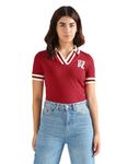 U.S. POLO ASSN. Women's Striped Collar Pique Polo Shirt (UWSS24PTS009_Red_S)