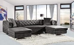 The Cozy Couch - Presly Solid Wood U Shape Wide Suede Velvet Chesterfield Design Sofa & Chaise with Chrome Legs - (Grey).