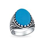 Personalized Men's Animal Wolf Claw Set Large Oval Cabochon Gemstone Blue Created Turquoise Signet Statement Western Ring For Men Oxidized .925 Silver Handmade In Turkey Customizable